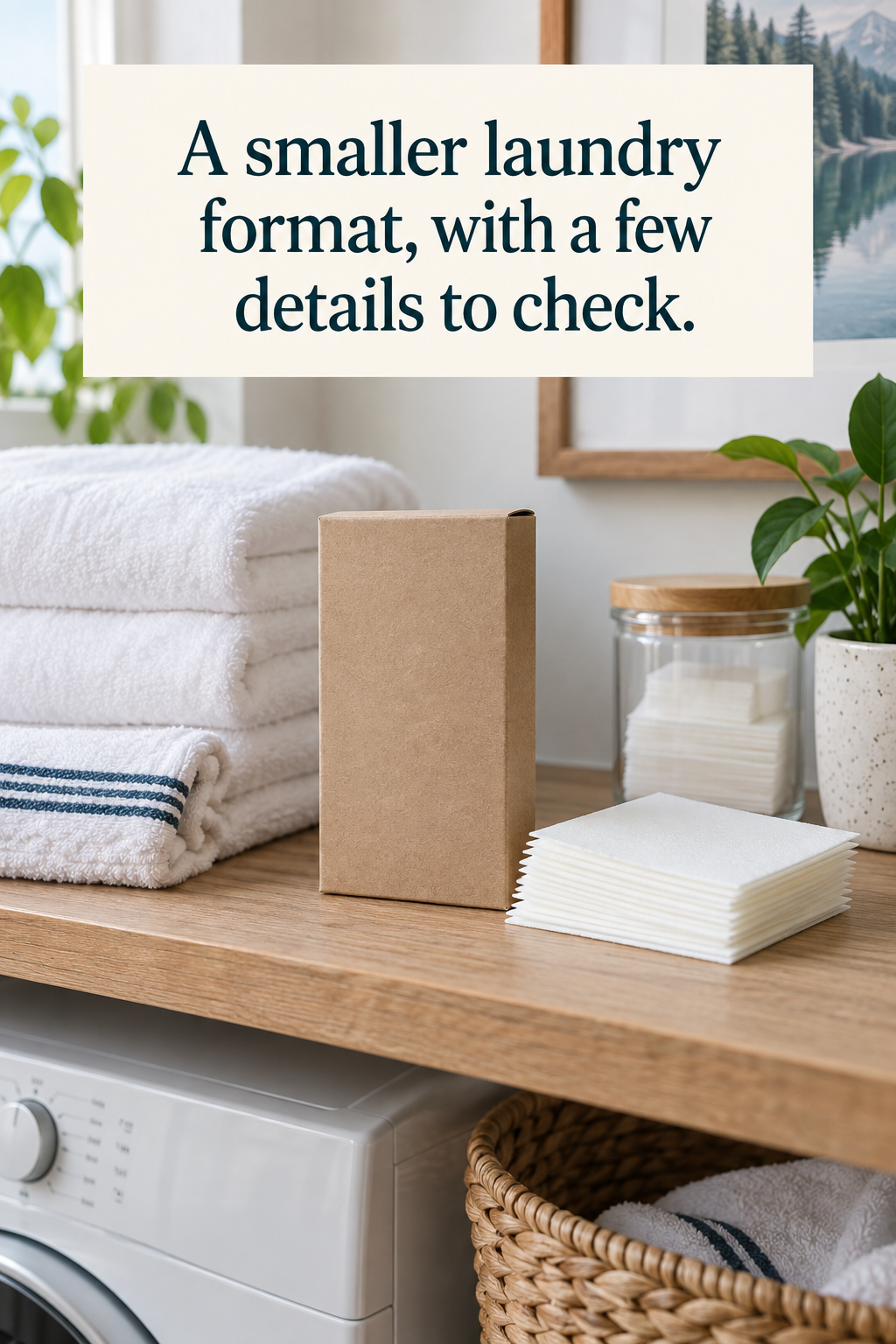 A laundry shelf with towels, an unbranded package and detergent sheets