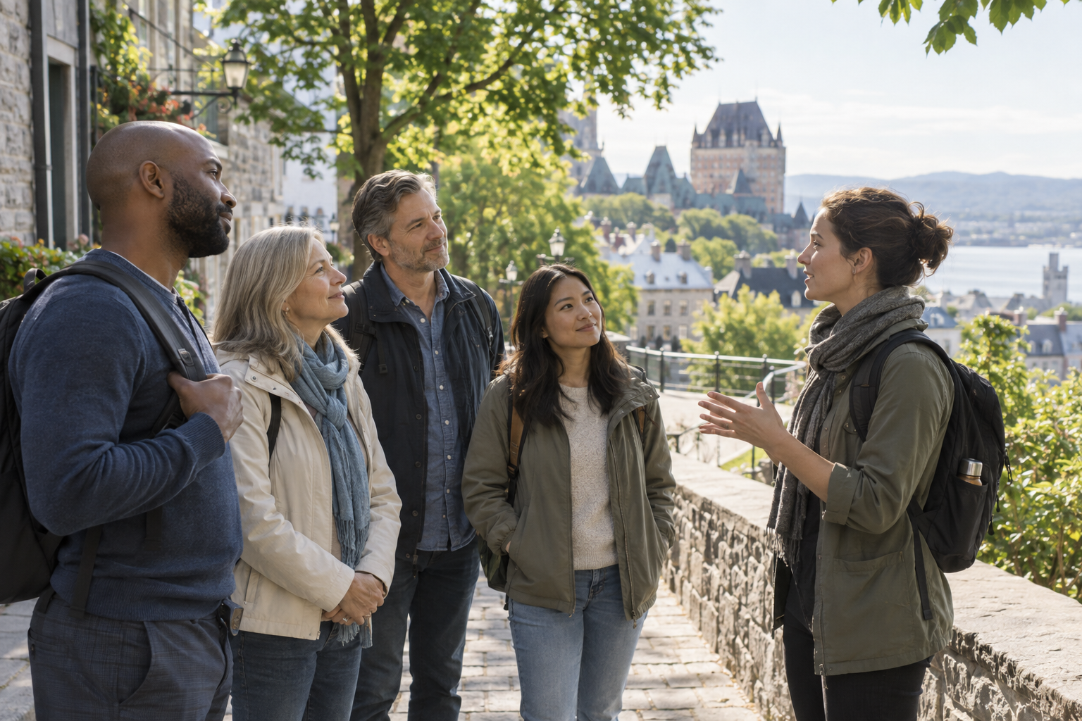 A local guide speaking with a small group in a Canadian historic district